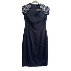 Lela Rose Navy Blue Embellished Shoulder V-Neck Sheath Dress Size 8 Cotton Silk